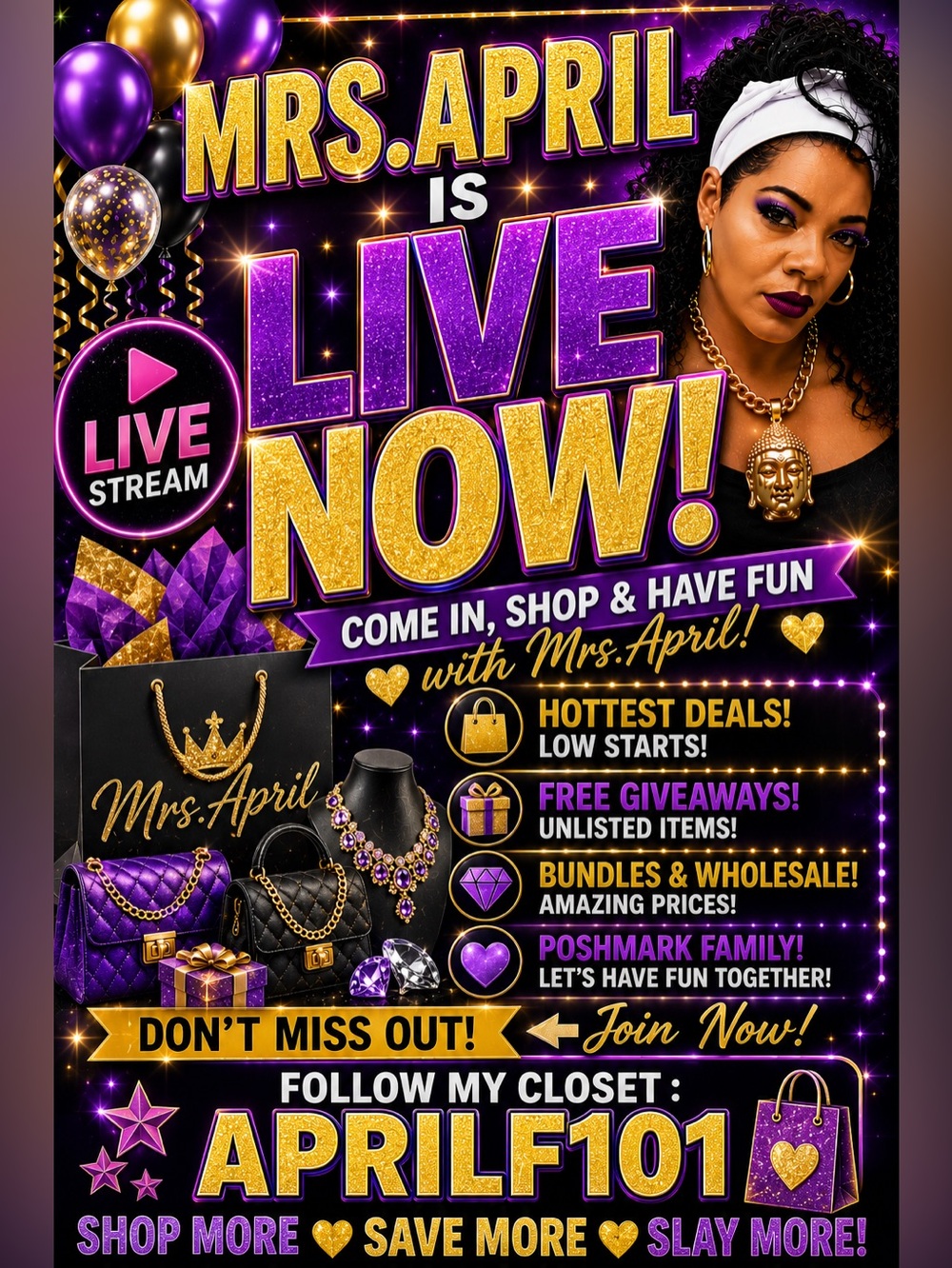 Mrs. April Live Now! Purple & Gold Poshmark Event Graphic